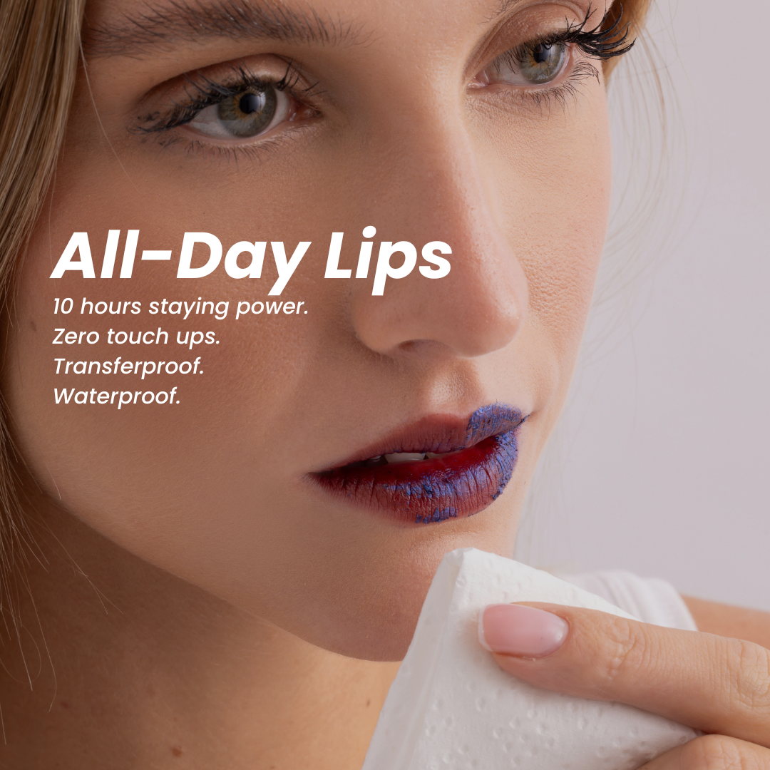 Model wearing Stained lip stain, showcasing all-day staying power text overlay.
