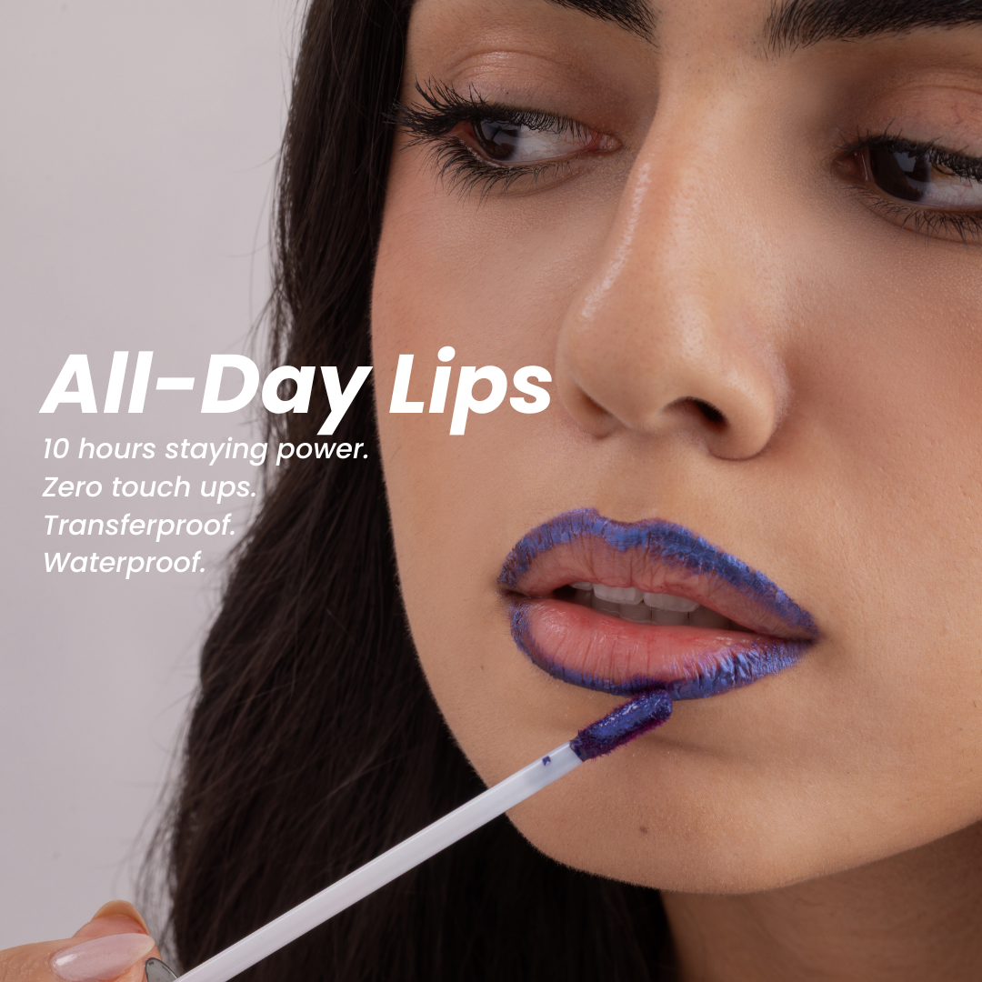 Model wearing Stained lip stain, showcasing all-day staying power text overlay.
