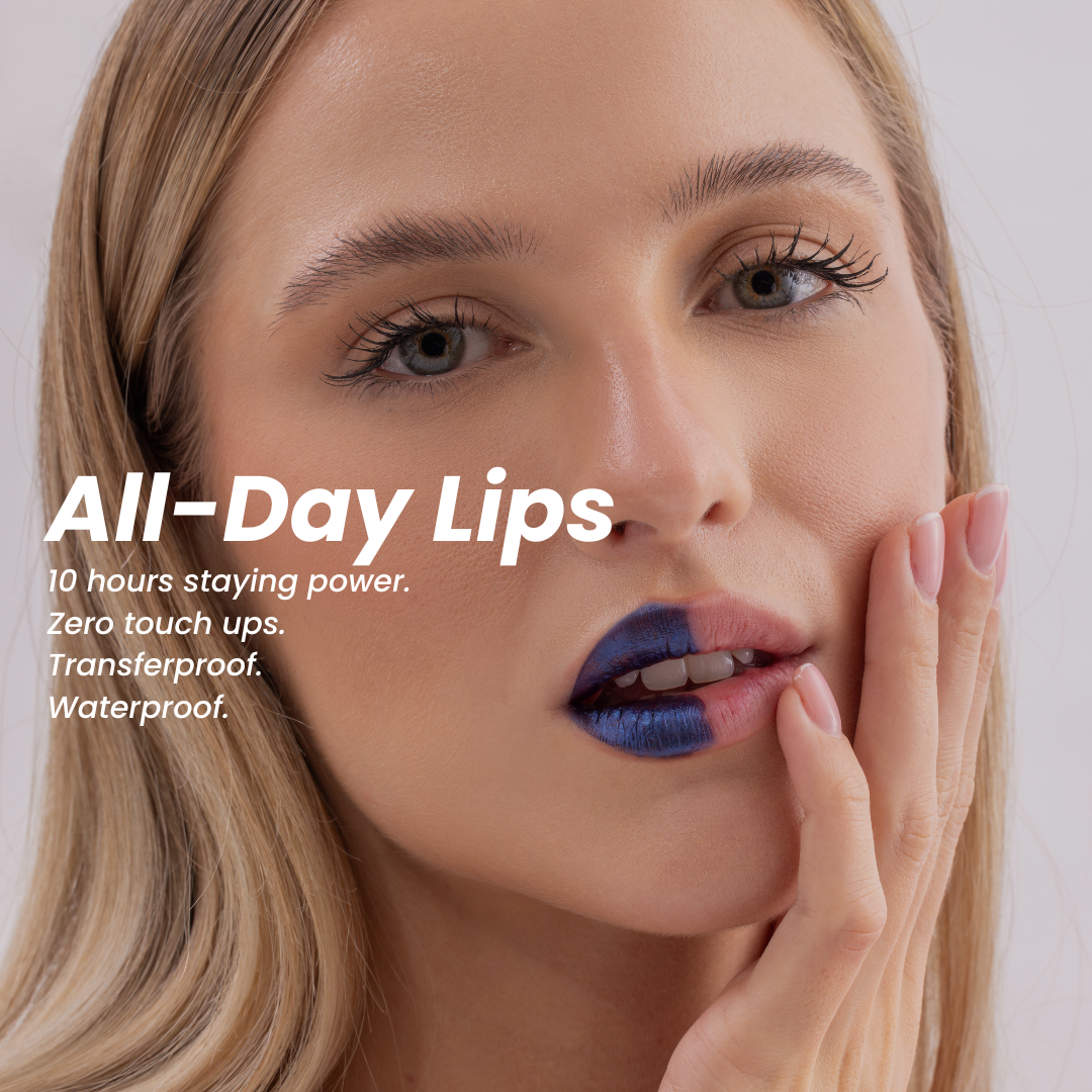 Model wearing Stained lip stain, showcasing all-day staying power text overlay.