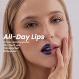 Model wearing Stained lip stain, showcasing all-day staying power text overlay.