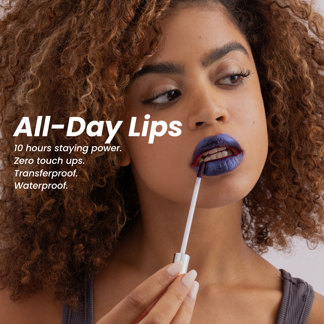 Model wearing Stained lip stain, showcasing all-day staying power text overlay.