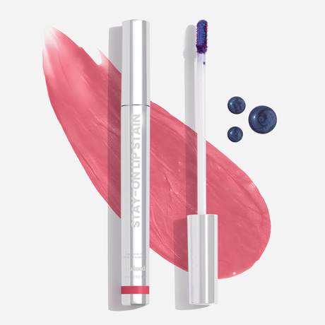 Stained Stay-On Lip Stain with applicator and romance color swipe on white background